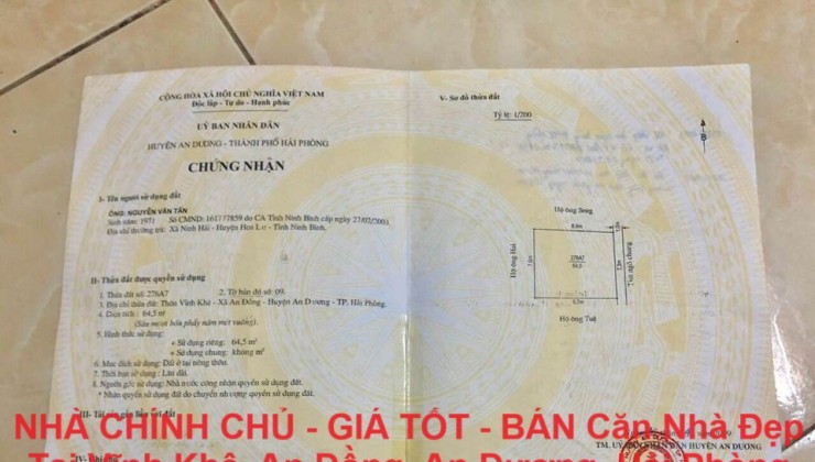 NHÀ CHÍNH CHỦ - GIÁ TỐT - BÁN Căn Nhà Đẹp Tại Vĩnh Khê, An Đồng, An Dương, Hải Phòng